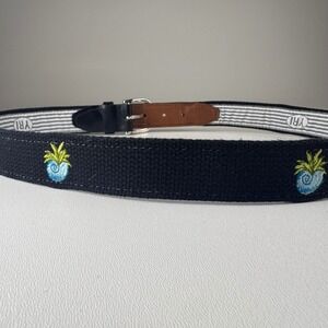 YRI Seashell Black Canvas Belt Embroidered Pineapple‎ Nautical Size 36